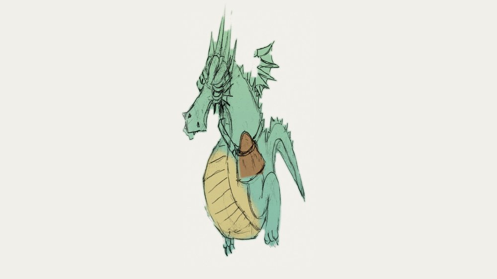 The baby dragon, in pencil and a little colour, holding very still