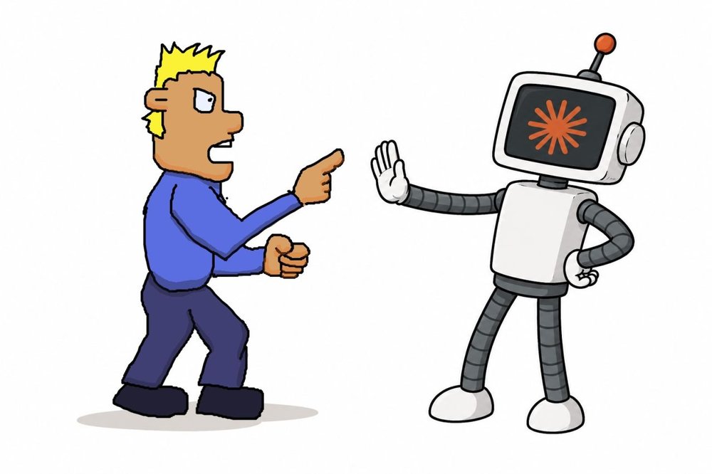 A councillor explains to a thinking machine, as seen on the Set, that the council already does the thinking